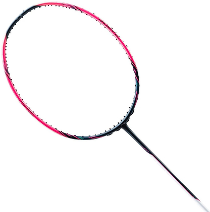 A close-up image of the Li-Ning Halbertec Motor Pro 5U Badminton Racket in black and pink, made from high-modulus graphite, is displayed without strings against a white background.