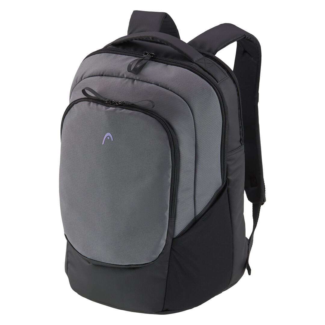 Introducing the HEAD Pro X Badminton Backpack 30L in Black/Dark Grey, featuring multiple compartments and crafted from recycled PET bottles. It includes a loop handle and adjustable straps with a subtle logo on the front—a perfect blend of simplicity and eco-conscious design.