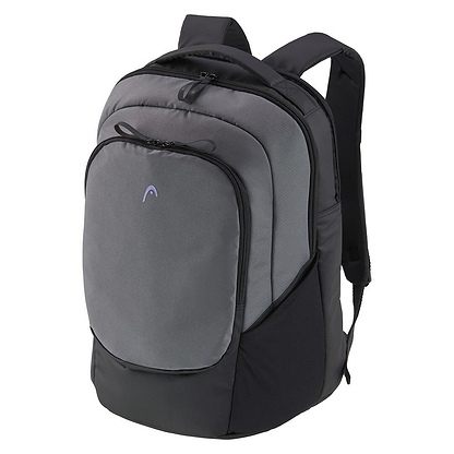 Introducing the HEAD Pro X Badminton Backpack 30L in Black/Dark Grey, featuring multiple compartments and crafted from recycled PET bottles. It includes a loop handle and adjustable straps with a subtle logo on the front—a perfect blend of simplicity and eco-conscious design.