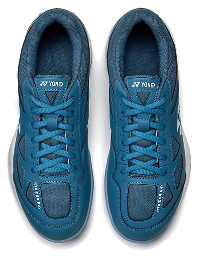 A pair of Yonex Power Cushion Strider Ray Unisex Badminton Shoes in teal blue with white Yonex branding, laces, padded collars, mesh details, "STRIDER AX" text on the toe, and Power Cushion for superior shock absorption shown from above.
