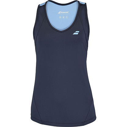 The Babolat Drive Women's Badminton Tank Top in navy boasts light blue shoulder accents, a logo on the left chest, and a V-neck. Made from Fiber Dry-polyester by Babolat, it ensures comfort and performance for competitive play or casual wear.