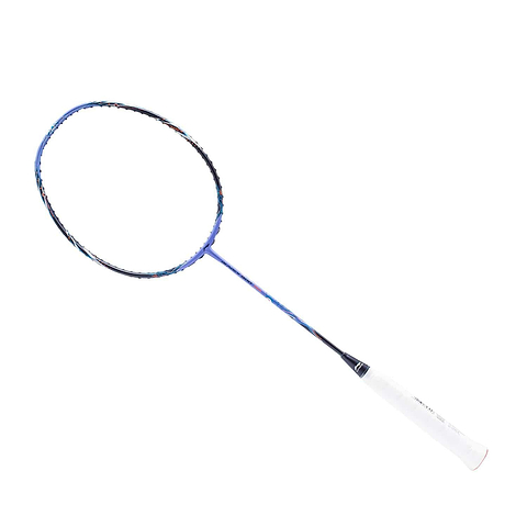 The Li-Ning BladeX 900 Moon Max 4U badminton racket from Li-Ning showcases a blue frame with black accents, complemented by a white grip. It is intricately designed with a shock-absorbing system and is presented on a white background.