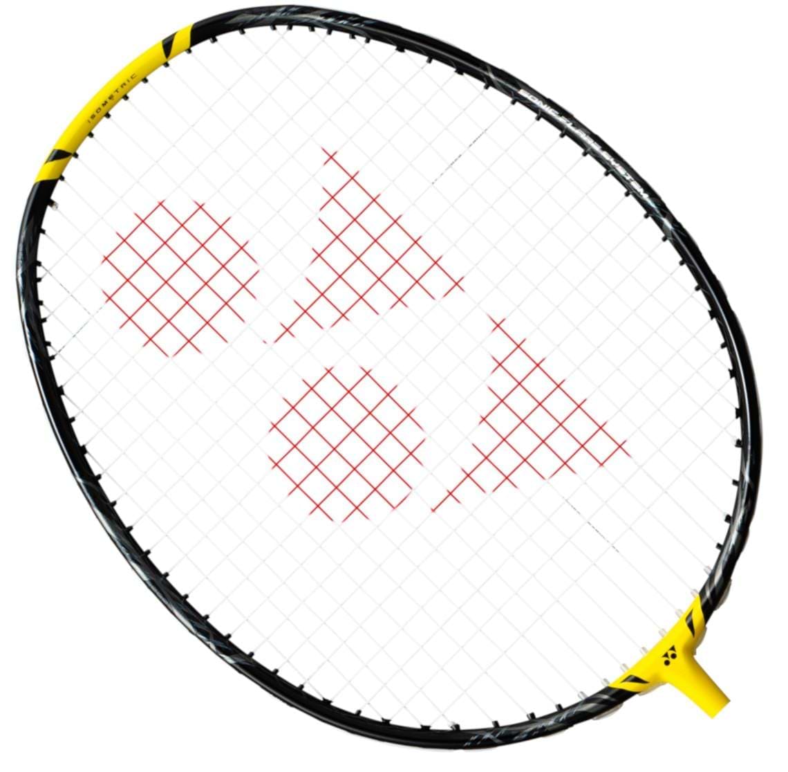 A close-up image of the Yonex Nanoflare 1000 Z 4U Badminton Racket in Lightning Yellow features a black frame with yellow highlights and a pattern of red triangles on its strings. Slightly tilted against a white background, this agile racket is perfect for achieving the fastest smash in play.