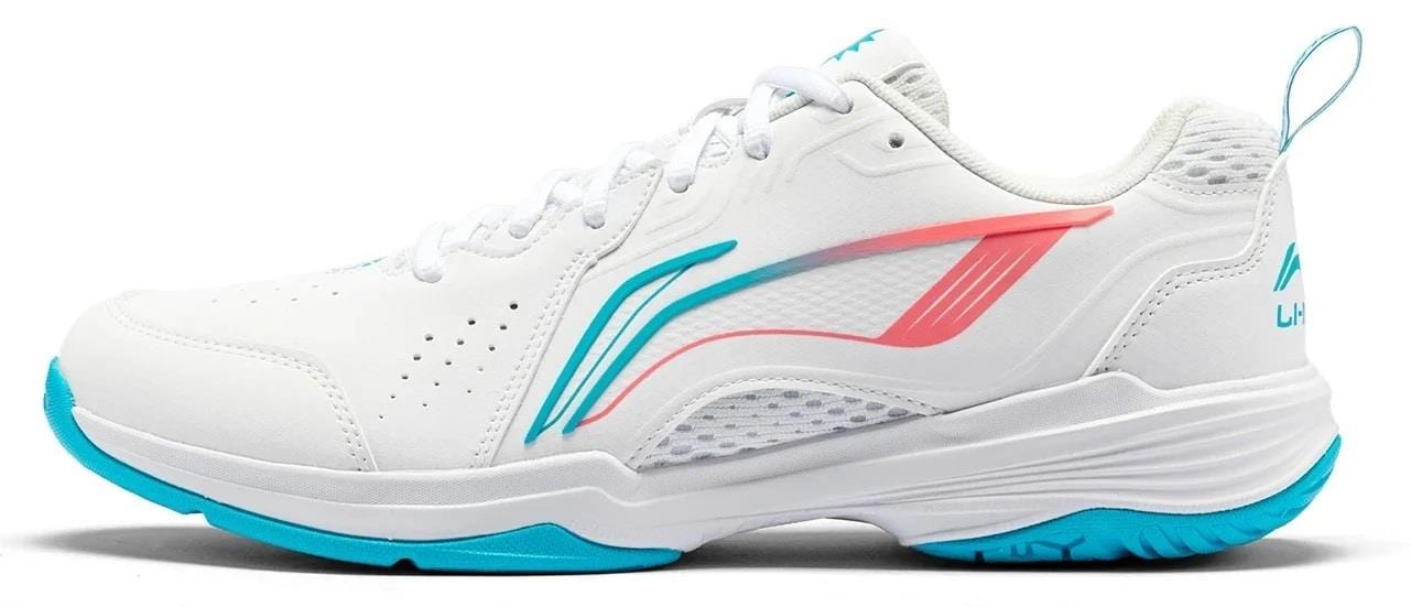 The Li-Ning Almighty V2.0 Unisex Badminton Shoes in white and blue feature breathable mesh panels, a flexible design, and a blue outsole, shown in a side profile view on a white background.
