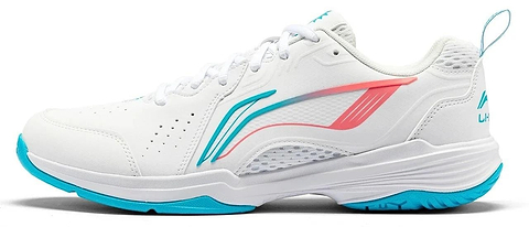 The Li-Ning Almighty V2.0 Unisex Badminton Shoes in white and blue feature breathable mesh panels, a flexible design, and a blue outsole, shown in a side profile view on a white background.