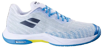 The Babolat Shadow Spirit 2 Mens Badminton Shoes in White/Algier Blue feature blue laces, yellow and blue sole accents, a mesh upper, two black side stripes, and a Michelin outsole with logo near the heel.