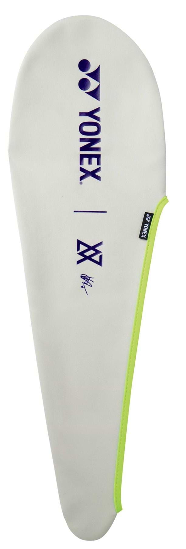 White Yonex racket cover with a neon green zipper, dark blue Yonex logo and text, and a black side tag—ideal for fans of the Yonex Astrox 100 Game VA Viktor Axelsen 4U Badminton Racket in Greyish Beige.