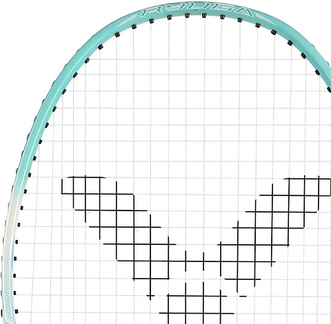 Close-up of a Victor Thruster Ryuga Sport R 3U Badminton Racket in green, featuring black strings with a "V" pattern, ideal for beginner to intermediate players.