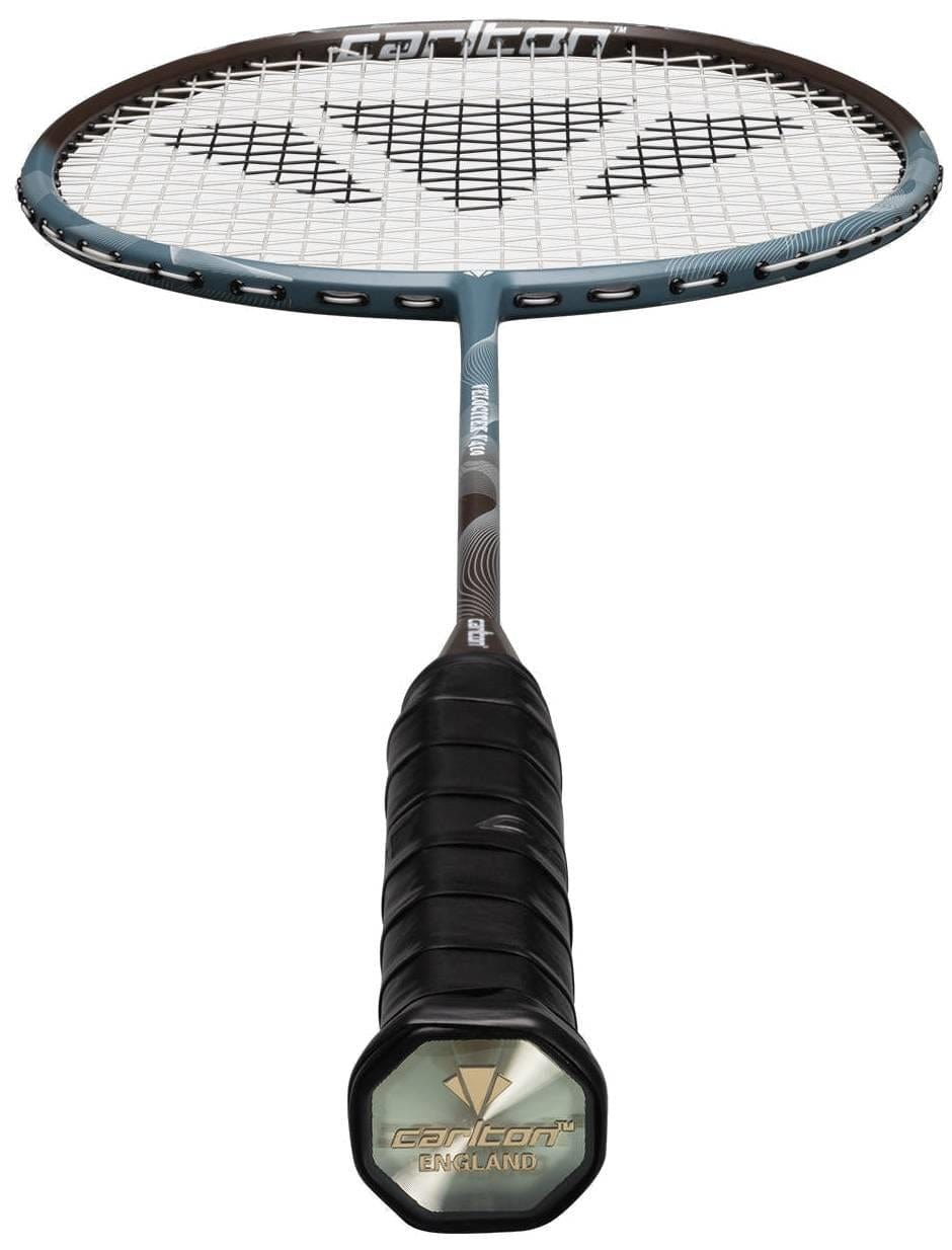 A close-up of the Carlton Velocitex V410 3U Badminton Racket - Blue by Carlton features a black grip, blue frame, and white strings. The even balance racket is shown vertically with the brand logo on the handle bottom.