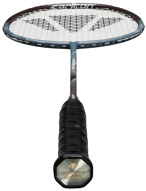 A close-up of the Carlton Velocitex V410 3U Badminton Racket - Blue by Carlton features a black grip, blue frame, and white strings. The even balance racket is shown vertically with the brand logo on the handle bottom.