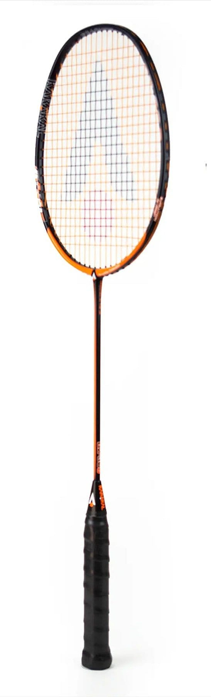 The Karakal Black Zone BZ 30 2.1 Badminton Racket boasts an isometric head and a sleek black and orange design. It features a textured grip, triangular logo on the strings, and a slender, lightweight frame for enhanced agility against a plain white backdrop.