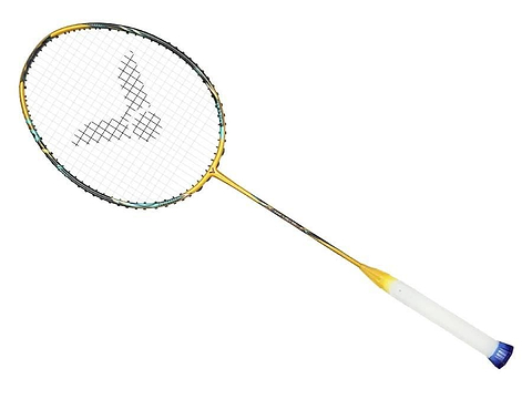 A gold Victor Thruster F C Ultra X badminton racket from Victor, designed for power and control with a white grip, photographed on a plain white background.