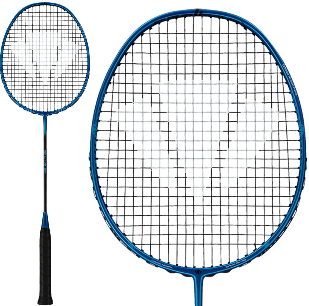 A Carlton 3.7 Team I G6 5U Badminton Racket in blue, featuring a black handle and a white string design, is displayed both in full view and as a close-up of the racket head.