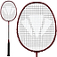 A Carlton 3.7 Team II G6 5U Badminton Racket in red by Carlton is featured, highlighting a close-up of its oval stringed head with a grid pattern next to a full view that shows the handle and shaft—perfect for club players who want precision and control in their badminton racket.