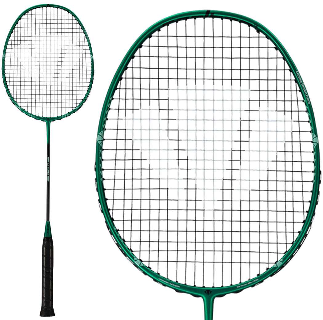 A Carlton 3.7 Team IV G6 6U Badminton Racket in green by Carlton is displayed, featuring a close-up of the oval head and strings alongside a full view of the entire racket, including its handle and shaft.