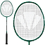 A Carlton 3.7 Team IV G6 6U Badminton Racket in green by Carlton is displayed, featuring a close-up of the oval head and strings alongside a full view of the entire racket, including its handle and shaft.