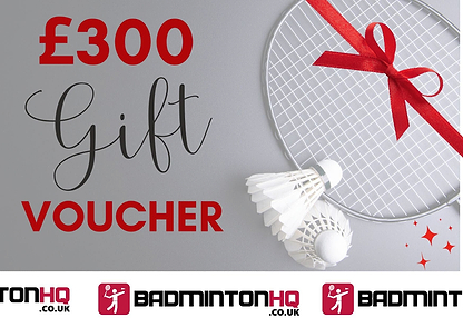 A BadmintonHQ Gift Card (£50–£500) featuring a badminton racket with a red ribbon, two shuttlecocks, and the BadmintonHQ logo—an ideal gift voucher for any badminton lover. Choose your amount at BadmintonHQ!.