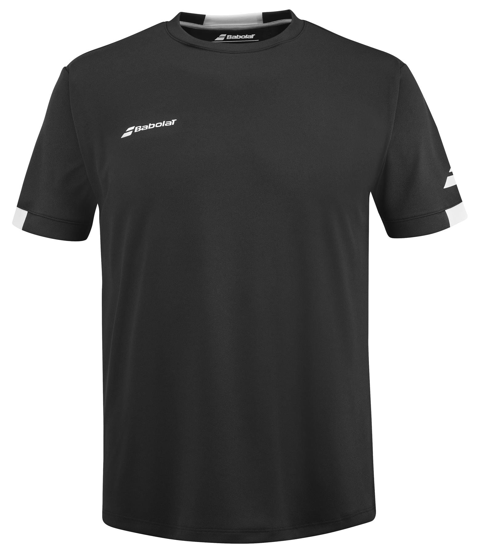 The Babolat Play Men's Crew Neck Badminton T-Shirt in black, by Babolat, features white accents on the sleeves and a small logo on the chest and sleeve. Made with Fiber Dry technology, this athletic T-shirt offers both comfort and style for any match.