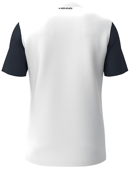 The back of the navy/white HEAD Club Tech 25 Men's Badminton T-Shirt features short black sleeves with the brand name printed near the collar. It uses Moisture Transfer Microfiber technology for enhanced comfort and performance.