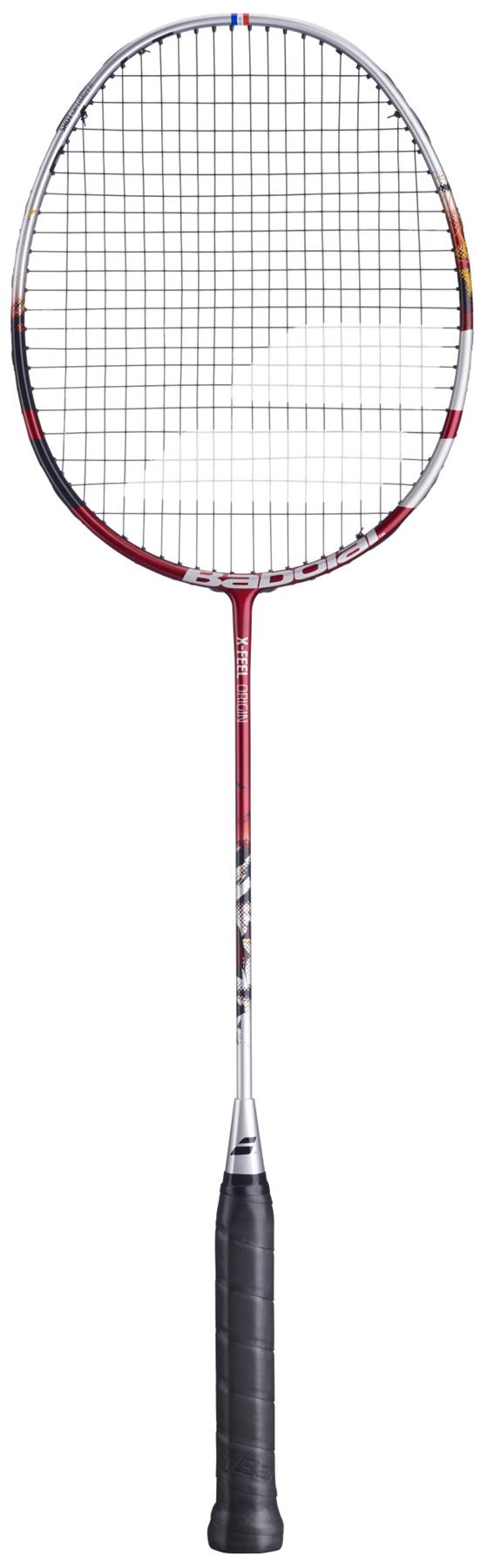 The Babolat X-Feel Origin 2026 3U Badminton Racket in silver and red, featuring a black grip and white strings, is perfect for intermediate to advanced players. Shown here against a white background.