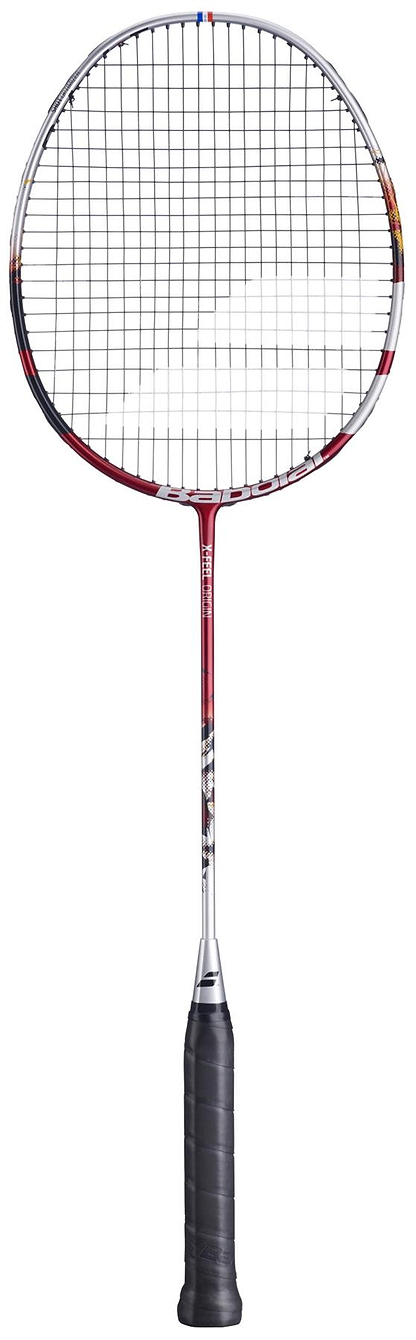 The Babolat X-Feel Origin 2026 3U Badminton Racket in silver and red, featuring a black grip and white strings, is perfect for intermediate to advanced players. Shown here against a white background.