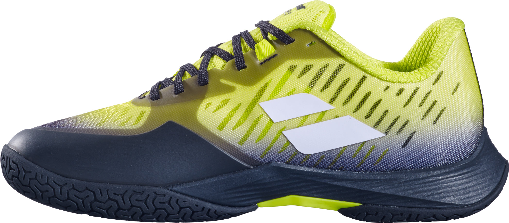 The Babolat Shadow Tour 5 Men's Badminton Shoes in Black/Lime, by Babolat, are athletic sneakers designed for indoor courts, featuring a textured sole, black laces, and two white angled stripes on the side. The shoes are photographed on a white background.
