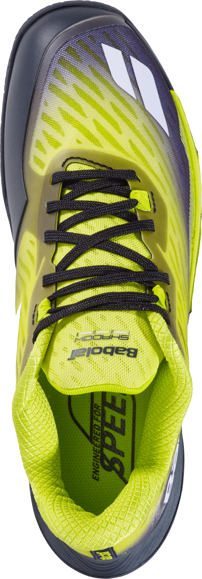 Top view of the Babolat Shadow Tour 5 Men's Badminton Shoes in Black/Lime, featuring a neon yellow and black gradient design with black laces and “ENGINEERED FOR SPEED” visible on the insole—premium indoor court shoes engineered by Babolat for peak performance.