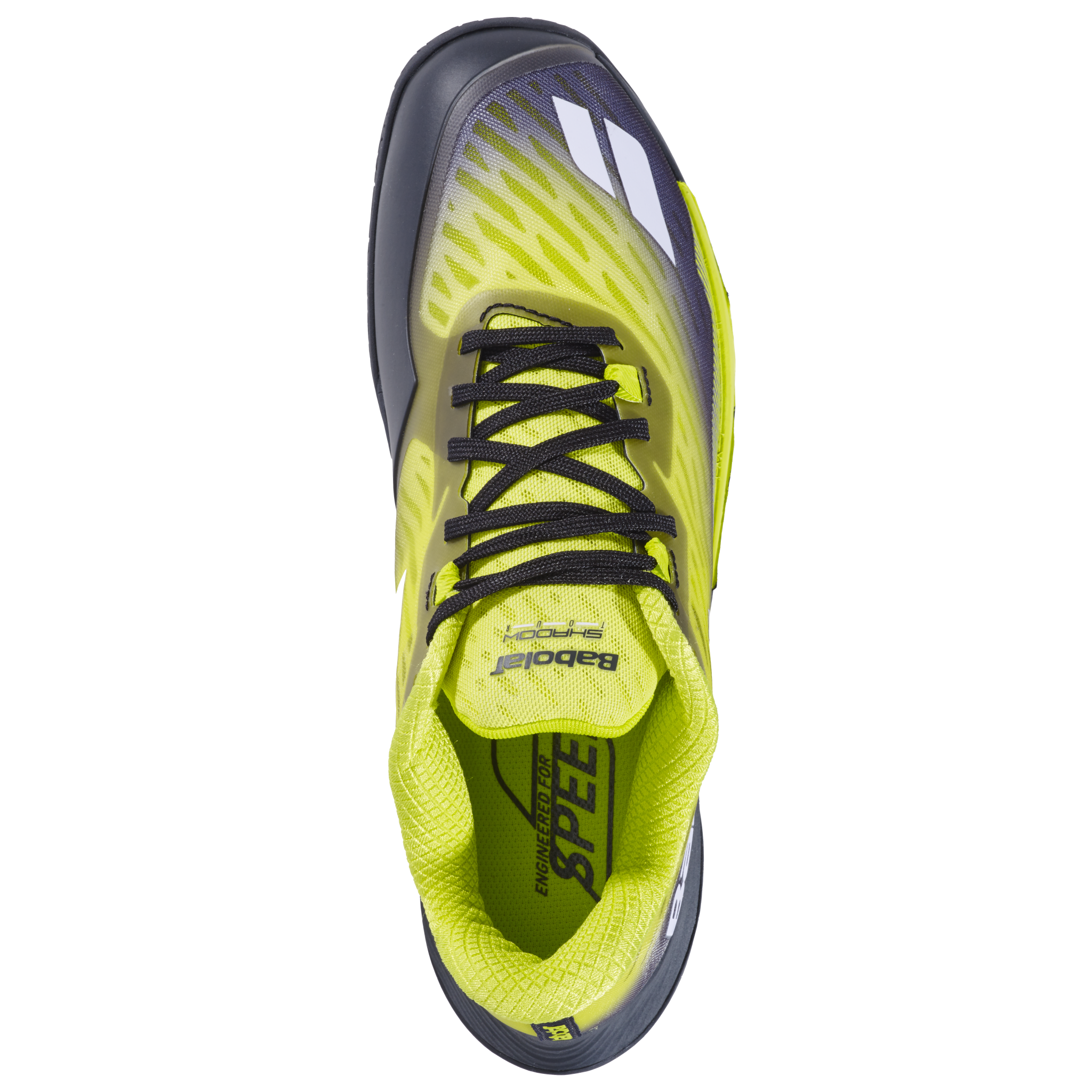 A top view of the Babolat Shadow Tour 5 Men's Badminton Shoes in Black and Lime showcases neon yellow and black coloring with black laces, white accents, and “Babolat” along with “SPEED” on the insole. Designed for premium indoor court performance, this shoe exemplifies Babolat’s commitment to quality badminton footwear.