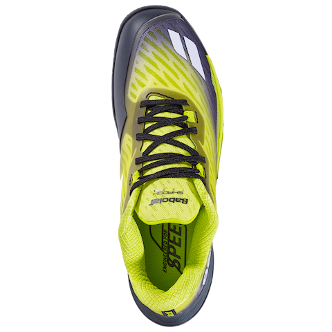 A top view of the Babolat Shadow Tour 5 Men's Badminton Shoes in Black and Lime showcases neon yellow and black coloring with black laces, white accents, and “Babolat” along with “SPEED” on the insole. Designed for premium indoor court performance, this shoe exemplifies Babolat’s commitment to quality badminton footwear.