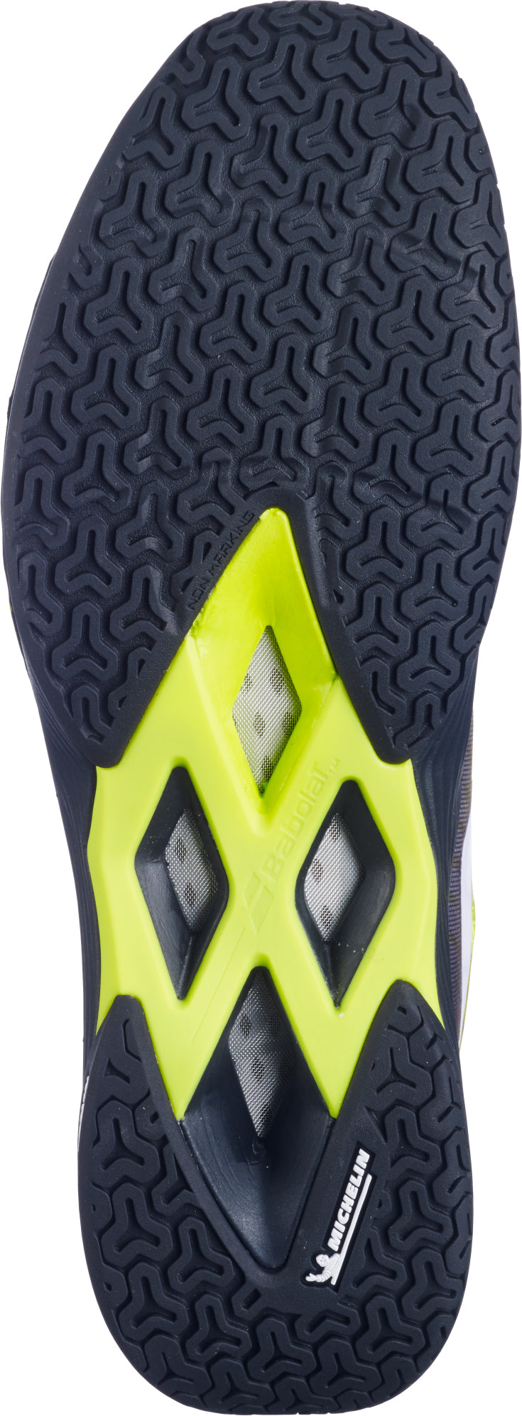 Featuring a black sole with a textured grip, lime and gray accents, distinctive cutout sections in the center, and the Michelin logo near the heel, the Babolat Shadow Tour 5 Mens Badminton Shoes - Black / Lime are expertly designed for optimal performance on indoor courts. These Babolat shoes deliver outstanding traction and support, making them an excellent choice for fast-paced badminton matches.