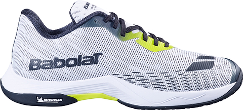 The Babolat Shadow Spirit 2 Men's Badminton Shoes in White/Lime feature a stylish white and gray design with black, gray, and lime accents. Crafted for peak performance, these shoes include a Michelin outsole with its distinctive logo on the black-and-white sole, Comfort Soft cushioning and laces for added comfort, and a breathable mesh upper to enhance airflow.