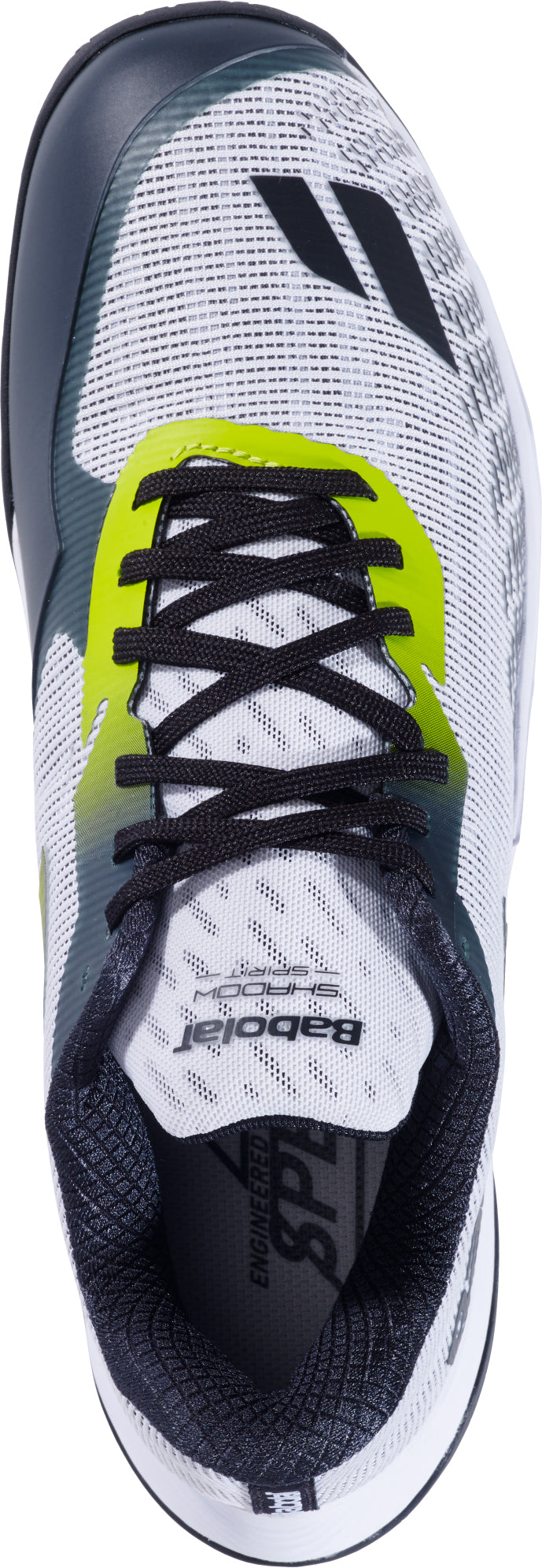 Top view of the Babolat Shadow Spirit 2 Men's Badminton Shoe in white with black and lime accents, featuring black laces and visible Babolat logos on the tongue and side. The shoe boasts a breathable mesh upper, Comfort Soft cushioning for enhanced support during play, and a durable Michelin outsole designed for superior grip on the court.
