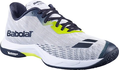 A white and gray Babolat Shadow Spirit 2 men's badminton shoe featuring black laces, black and lime accents, and a black sole. The "Babolat" branding and Michelin logo are visible on the side, emphasizing its robust Michelin outsole and Comfort Soft cushioning for enhanced support on the court.
