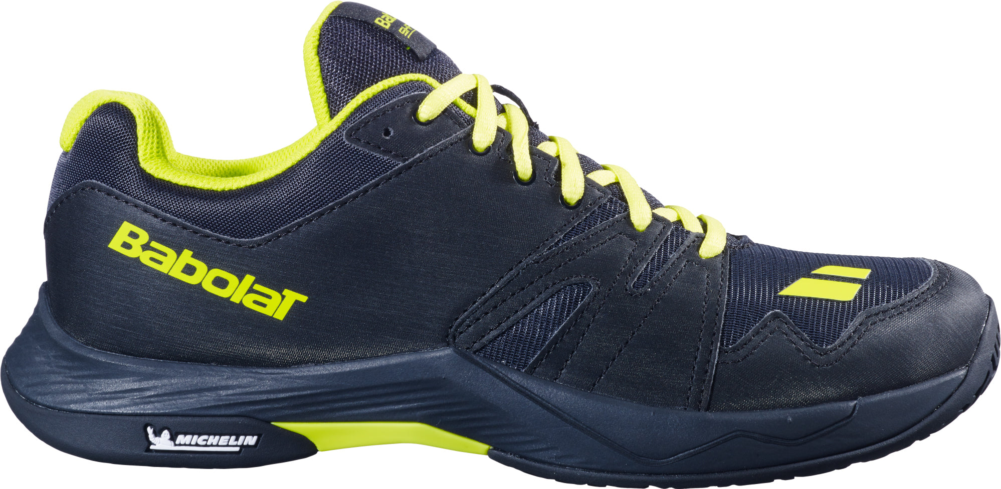 Introducing the Babolat Shadow Team 2 Men's Badminton Shoes in black with lime accents and laces, featuring a textured Michelin outsole with the Michelin logo, and a branded Babolat logo on the side.