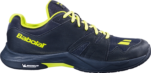 Introducing the Babolat Shadow Team 2 Men's Badminton Shoes in black with lime accents and laces, featuring a textured Michelin outsole with the Michelin logo, and a branded Babolat logo on the side.
