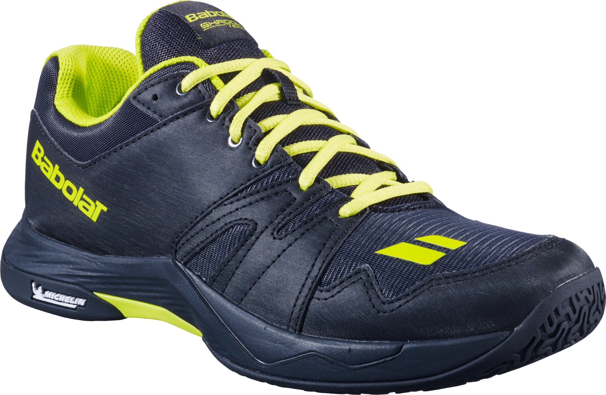 A pair of Babolat Shadow Team 2 Men's Badminton Shoes in black with striking lime laces, logo, and inner lining. Designed for versatile indoor court use, the sole includes the Michelin logo to provide enhanced durability and grip.