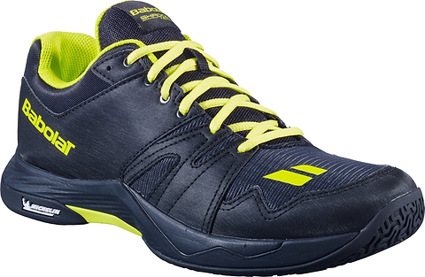 A pair of Babolat Shadow Team 2 Men's Badminton Shoes in black with striking lime laces, logo, and inner lining. Designed for versatile indoor court use, the sole includes the Michelin logo to provide enhanced durability and grip.