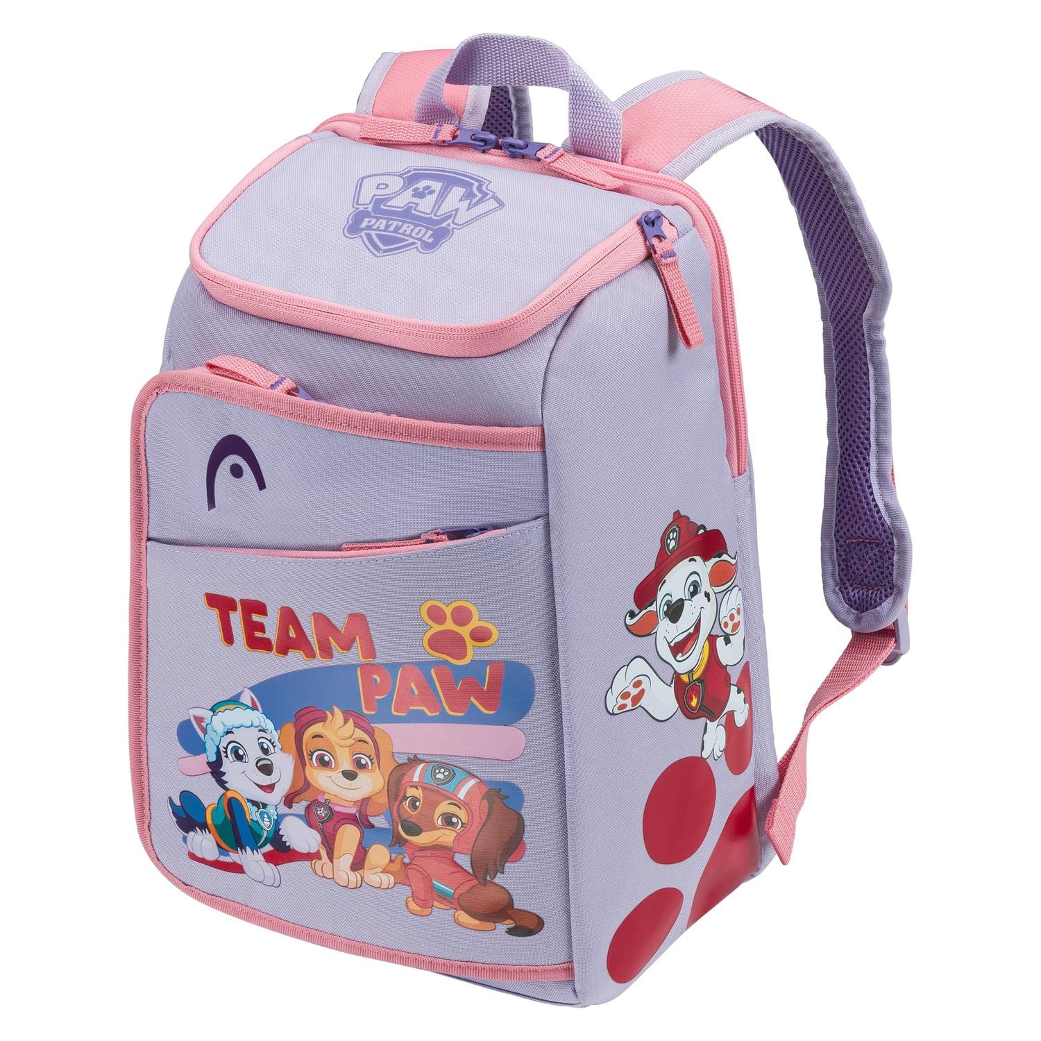 The HEAD x Paw Patrol Kids Tennis Backpack in purple features "TEAM PAW" and paw prints with Everest, Skye, and Marshall—perfect as a stylish kids’ backpack for tennis or badminton.