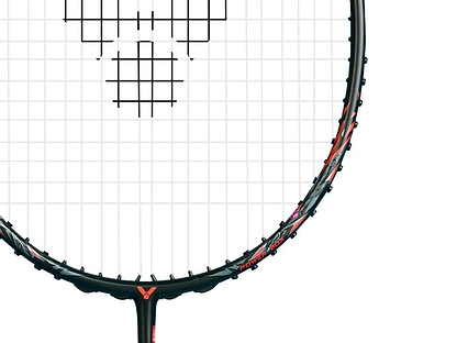 A close-up of the Victor Thruster Ryuga Metallic C 3U badminton racket in black and red highlights its metallic carbon fibre strings and part of the frame against a plain white background.