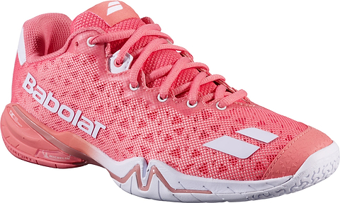 Introducing the Babolat Shadow 4 Womens Badminton Shoes in Shell Pink and White. Designed specifically for advanced players, these court shoes feature white accents, white laces, and a textured sole that offers superior stability on the court. The signature Babolat logo is prominently displayed on both the side and tongue of each shoe.