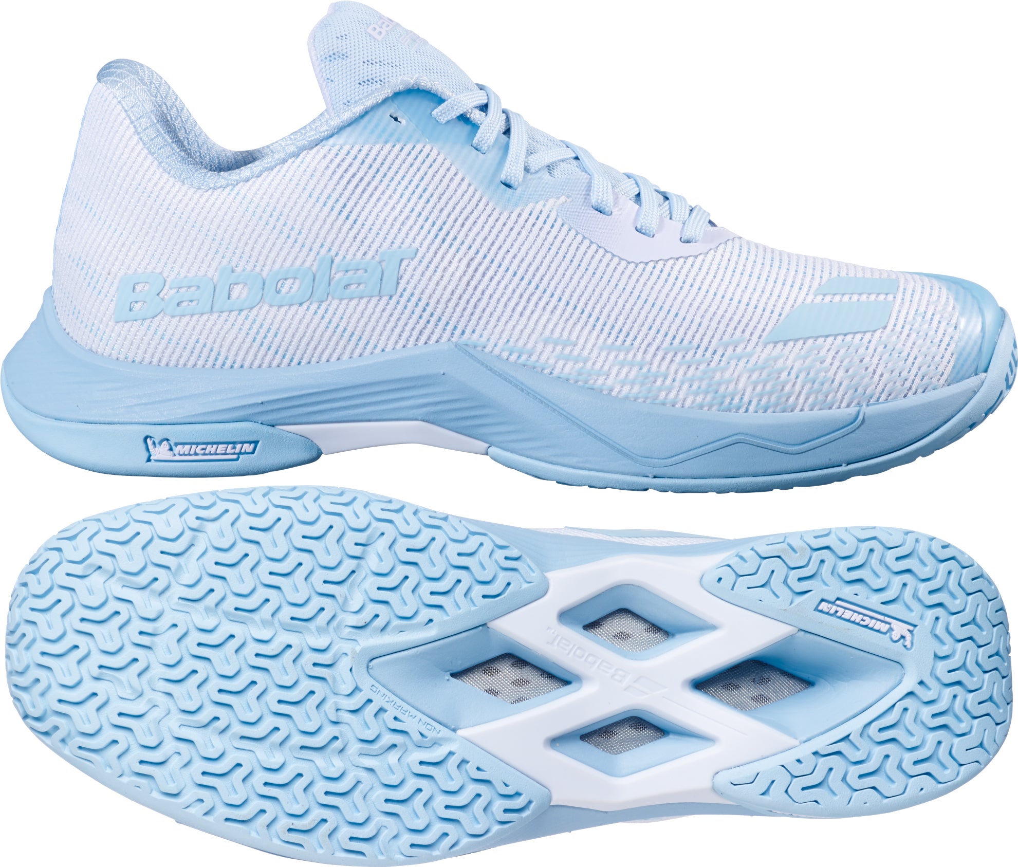 The Babolat Shadow Spirit 2 Womens Badminton Shoes in White and Blue are displayed from side and bottom angles, highlighting the textured Michelin outsole, breathable mesh upper, and prominent "Babolat" branding on the side and outsole for enhanced comfort and cushioning during play.