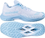 The Babolat Shadow Spirit 2 Womens Badminton Shoes in White and Blue are displayed from side and bottom angles, highlighting the textured Michelin outsole, breathable mesh upper, and prominent "Babolat" branding on the side and outsole for enhanced comfort and cushioning during play.