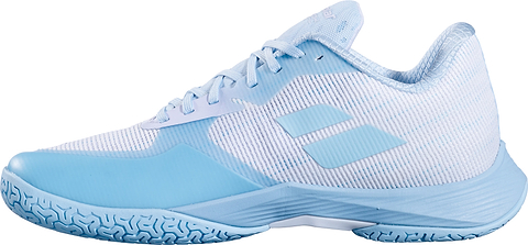 Introducing the Babolat Shadow Spirit 2 Womens Badminton Shoes in white and blue, featuring a breathable mesh upper, signature textured Michelin outsole, and two diagonal blue stripes on the side, displayed in a side view on a white background.