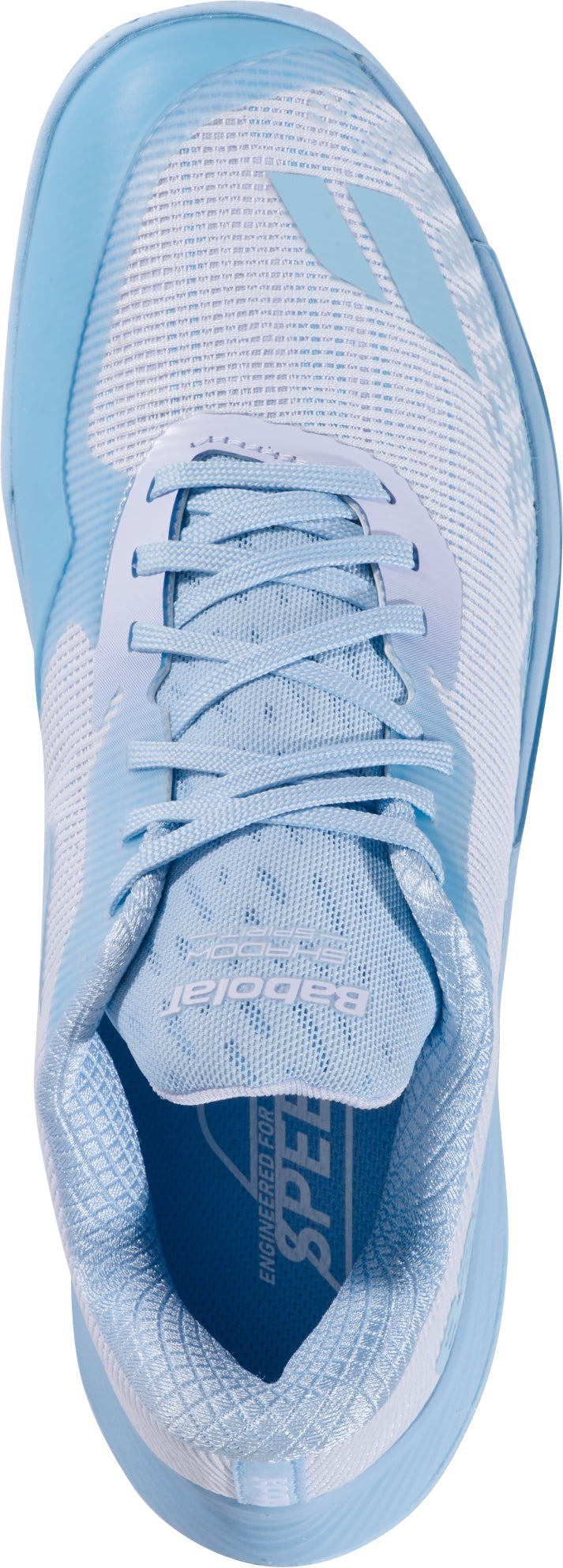 The Babolat Shadow Spirit 2 Womens Badminton Shoes in White/Blue are shown from above, highlighting their laces, mesh texture, and the distinctive Babolat logo on the tongue and side. Engineered for court performance, these shoes offer comfort cushioning and a durable Michelin outsole for superior grip and support.