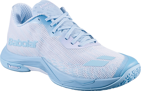The Babolat Shadow Spirit 2 Women's Badminton Shoes in White and Blue feature a lace-up design, breathable mesh upper, and textured sole. "Babolat" and "Michelin" logos are displayed on the side and heel. These shoes offer a durable Michelin outsole and enhanced comfort cushioning, delivering superior performance on the court.