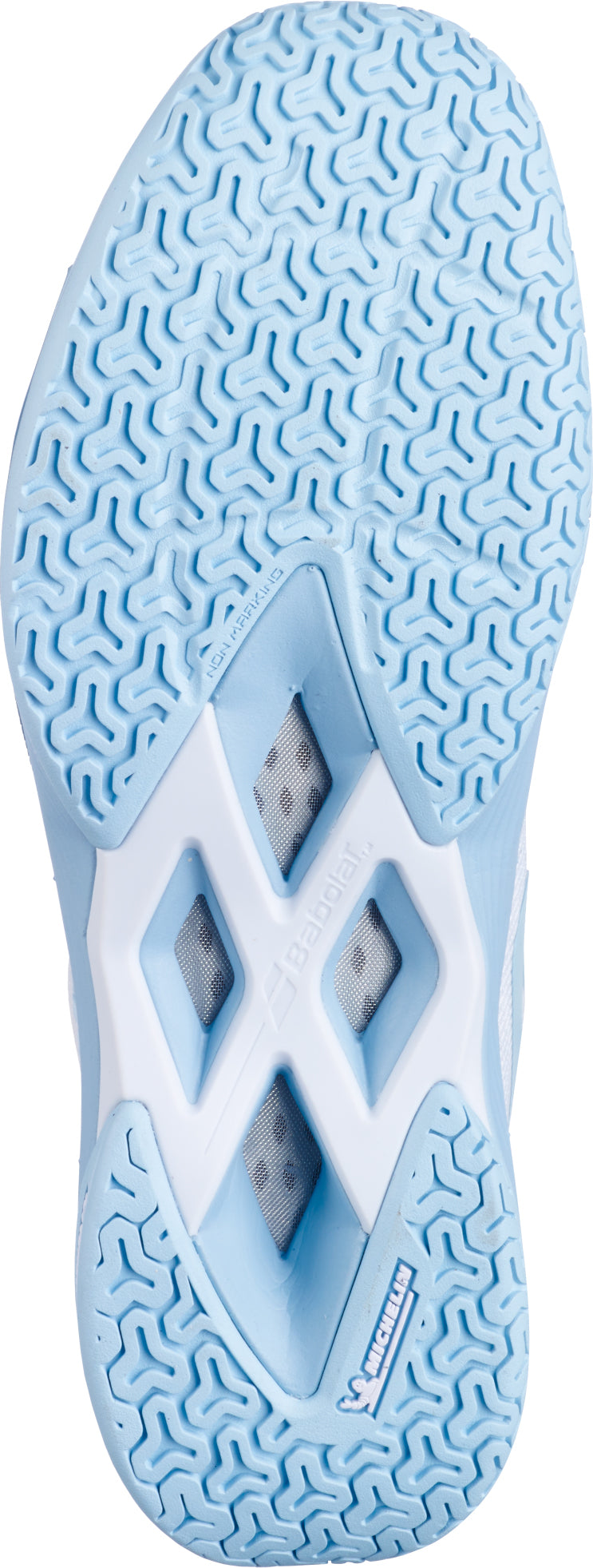 Close-up of the Babolat Shadow Spirit 2 Womens Badminton Shoes – White / Blue, featuring a light blue sole with a textured wavy tread pattern, two diamond-shaped cutouts in the center, and a small Michelin logo near the heel area. The durable Michelin outsole by Babolat enhances grip and provides comfortable cushioning with every step.