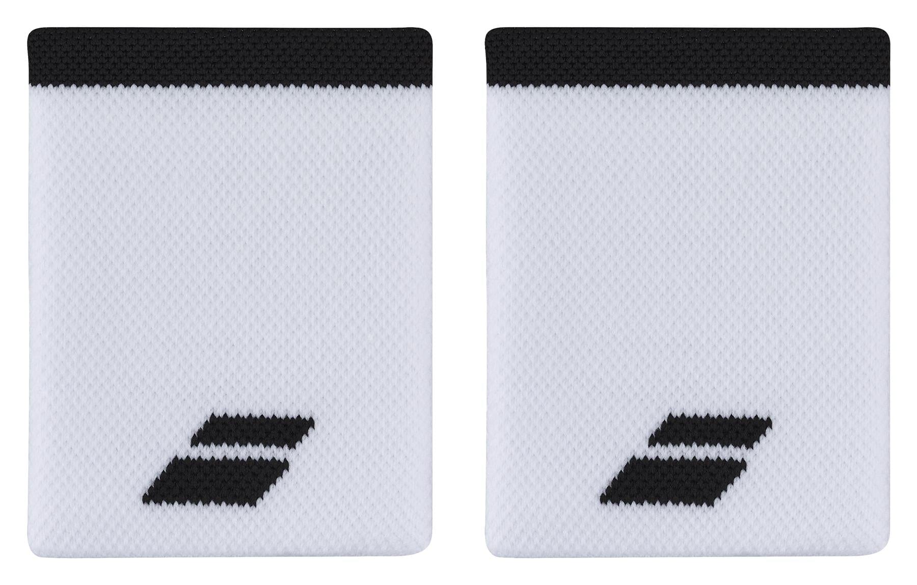A pair of Babolat Jumbo Logo Wristbands by Babolat, featuring a black rectangular design set against a white backdrop and accented with a sleek black border on top for added style and absorbency.