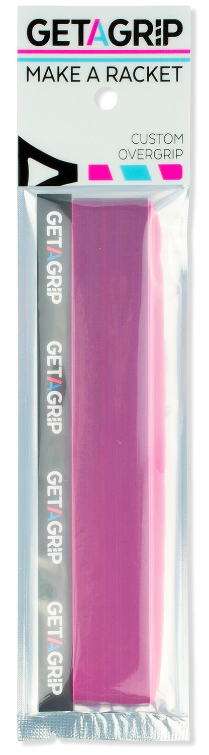 The Get a Grip Badminton Overgrip - Cascade by Get A Grip includes pink and black grips (black with "GET A GRIP" text), packaged in clear plastic for excellent moisture absorption.