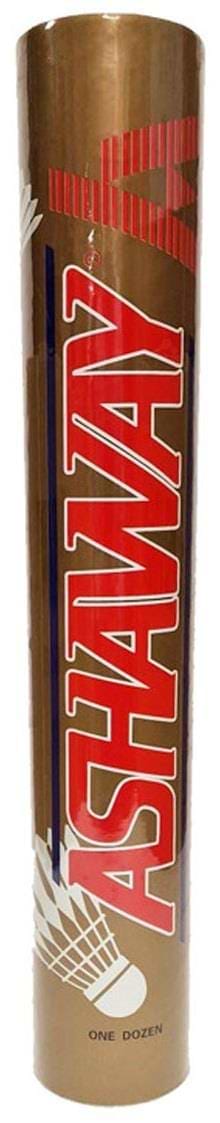 A cylindrical tube labeled "Ashaway" holds a set of 12 Ashaway Tournament Badminton Feather Shuttles, designed for tournament-level performance.