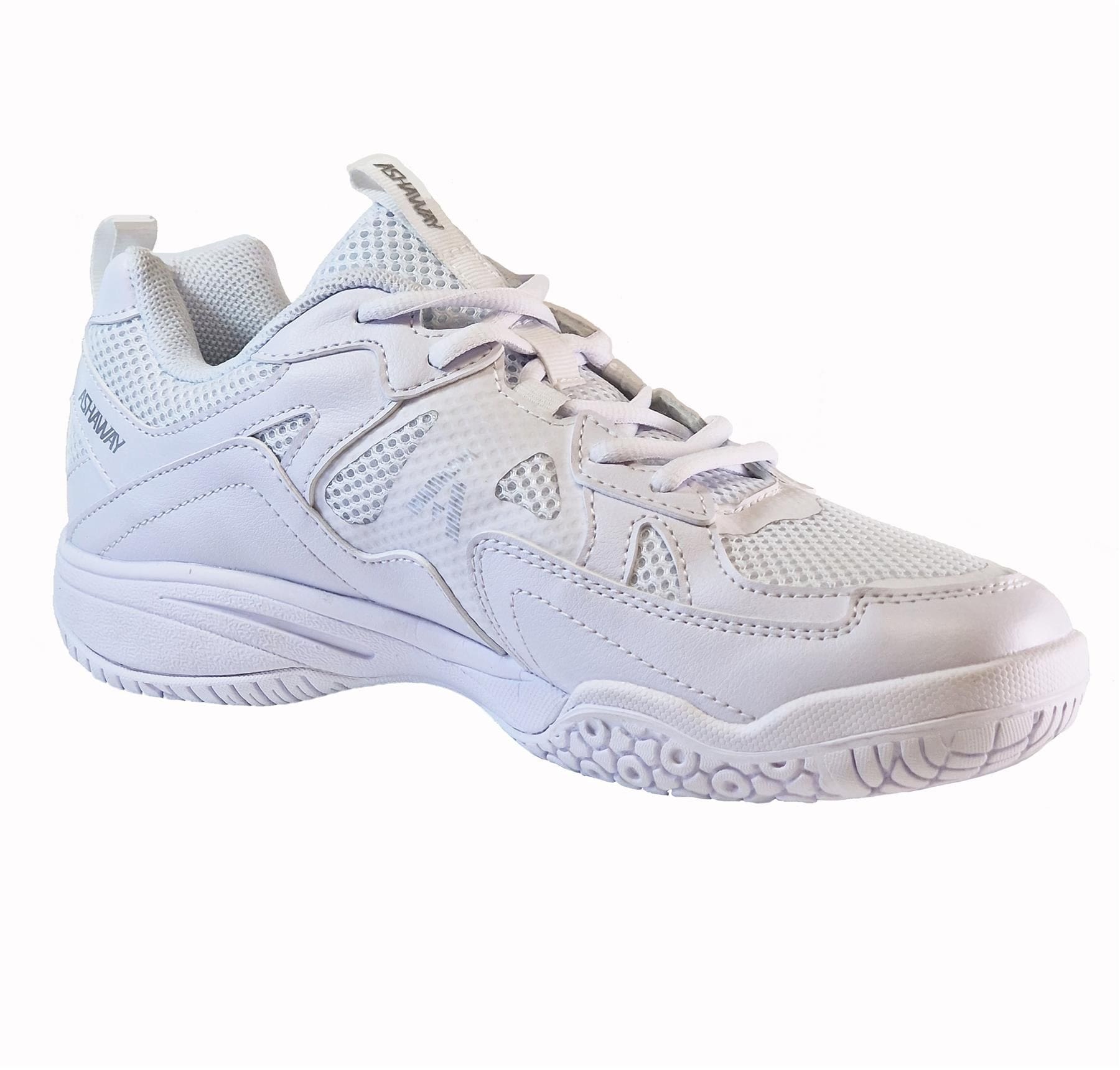 Introducing the Ashaway Pure Glide Badminton Shoes in White, crafted by Ashaway. These shoes feature Neothene-X sole technology for a chunky yet light feel and a lightweight mesh upper to ensure breathability. Intricate stitching and a textured pattern on the side add a touch of style, while white laces tie together the clean, sporty design perfect for badminton enthusiasts.